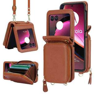 For Motorola Razr 40 Ultra Long and Short Lanyard Zipper Card Slot Foldable Phone Case(Brown)