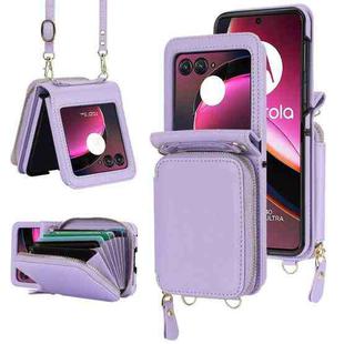 For Motorola Razr 40 Ultra Long and Short Lanyard Zipper Card Slot Foldable Phone Case(Purple)