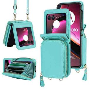 For Motorola Razr 40 Ultra Long and Short Lanyard Zipper Card Slot Foldable Phone Case(Mint Green)