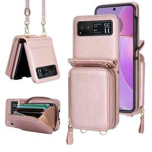 For Motorola Razr 40 Long and Short Lanyard Zipper Card Slot Foldable Phone Case(Pink)