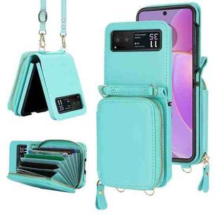 For Motorola Razr 40 Long and Short Lanyard Zipper Card Slot Foldable Phone Case(Mint Green)