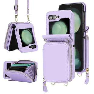 For Samsung Galaxy Z Flip5 Long and Short Lanyard Zipper Card Slot Foldable Phone Case(Purple)