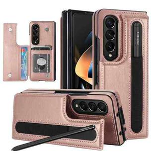 For Samsung Galaxy Z Fold4 Double Buckle Card Slot Foldable Phone Case with Pen Slot(Rose Gold)