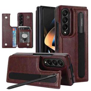 For Samsung Galaxy Z Fold4 Double Buckle Card Slot Foldable Phone Case with Pen Slot(Brown)