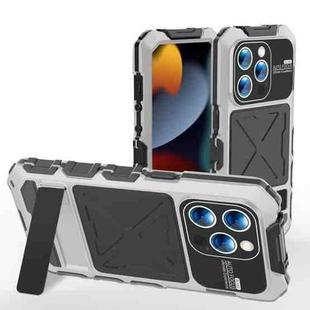 For iPhone 15 Pro Max R-JUST Metal + Silicone + Tempered Glass Life Waterproof Phone Case with Holder(Silver)