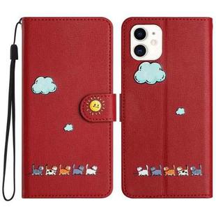 For iPhone 11 Cartoon Cats Leather Phone Case(Red)
