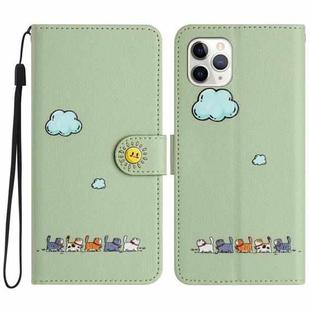 For iPhone 11 Pro Cartoon Cats Leather Phone Case(Green)