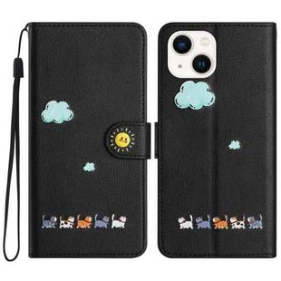 For iPhone 14 / 13 Cartoon Cats Leather Phone Case(Black)