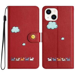 For iPhone 15 Cartoon Cats Leather Phone Case(Red)