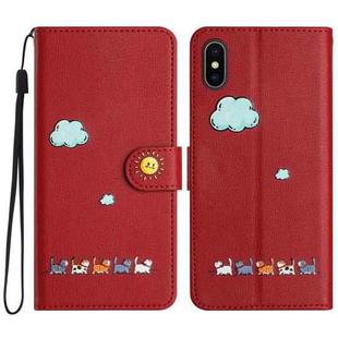 For iPhone XS / X Cartoon Cats Leather Phone Case(Red)