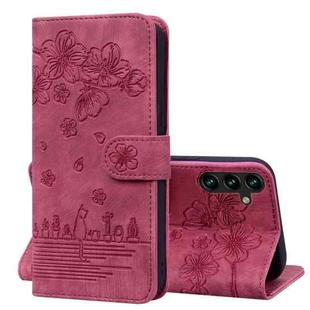 For Samsung Galaxy A35 5G Cartoon Sakura Cat Embossed Leather Phone Case(Wine Red)