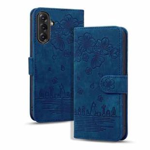 For Samsung Galaxy A56 / A36 Cartoon Sakura Cat Embossed Leather Phone Case(Royal Blue)