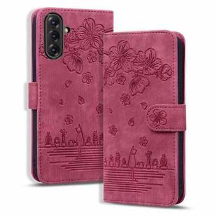 For Samsung Galaxy A56 / A36 Cartoon Sakura Cat Embossed Leather Phone Case(Wine Red)