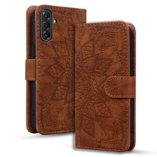 For Samsung Galaxy A36 / A56 Mandala Embossed Dual-Fold Calf Leather Phone Case(Brown)