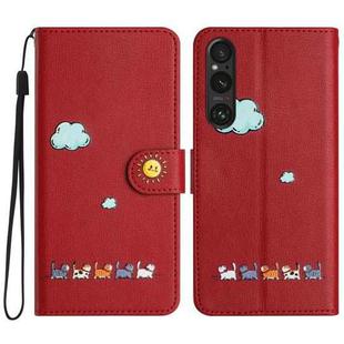 For Sony Xperia 1 V Cartoon Cats Leather Phone Case(Red)