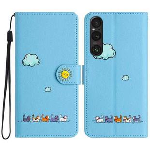 For Sony Xperia 1 V Cartoon Cats Leather Phone Case(Blue)