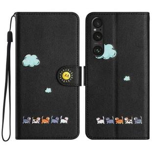 For Sony Xperia 1 V Cartoon Cats Leather Phone Case(Black)