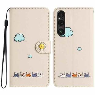 For Sony Xperia 1 V Cartoon Cats Leather Phone Case(Beige White)