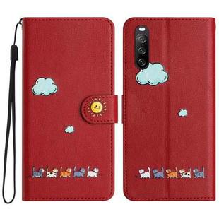 For Sony Xperia 10 IV Cartoon Cats Leather Phone Case(Red)