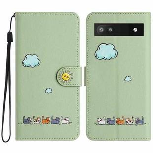For Google Pixel 6a Cartoon Cats Leather Phone Case(Green)
