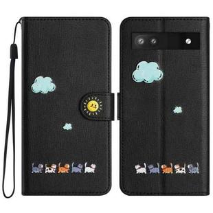 For Google Pixel 6a Cartoon Cats Leather Phone Case(Black)