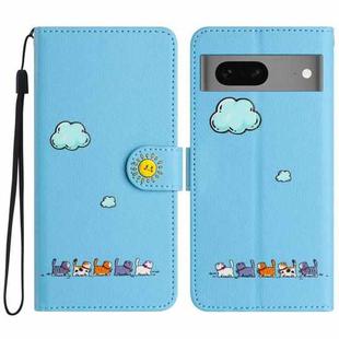 For Google Pixel 7 Cartoon Cats Leather Phone Case(Blue)