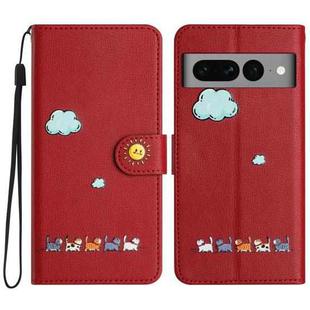 For Google Pixel 7 Pro Cartoon Cats Leather Phone Case(Red)