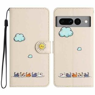 For Google Pixel 7 Pro Cartoon Cats Leather Phone Case(Beige White)