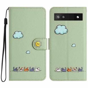 For Google Pixel 7a Cartoon Cats Leather Phone Case(Green)