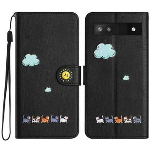 For Google Pixel 7a Cartoon Cats Leather Phone Case(Black)