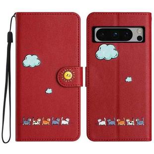 For Google Pixel 8 Pro Cartoon Cats Leather Phone Case(Red)