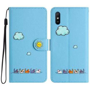 For Xiaomi Redmi 9A Cartoon Cats Leather Phone Case(Blue)