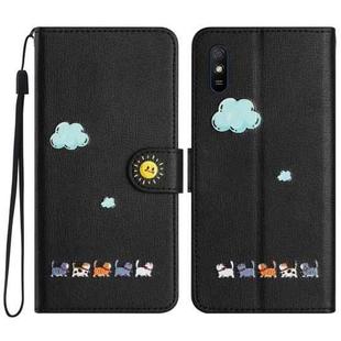 For Xiaomi Redmi 9A Cartoon Cats Leather Phone Case(Black)