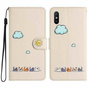 For Xiaomi Redmi 9A Cartoon Cats Leather Phone Case(Beige White)