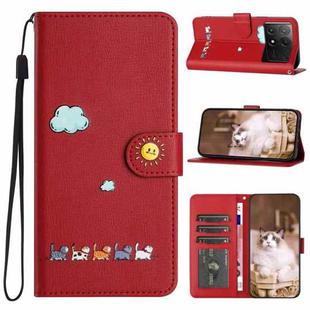 For Xiaomi Poco X6 Pro Cartoon Cats Leather Phone Case(Red)