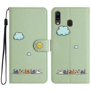 For Samsung Galaxy A20e Cartoon Cats Leather Phone Case(Green)