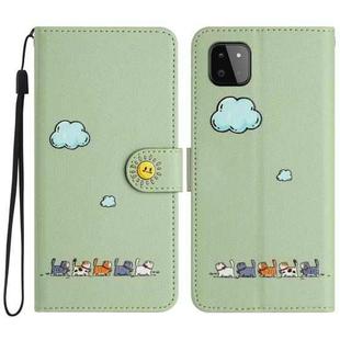 For Samsung Galaxy A22 5G Cartoon Cats Leather Phone Case(Green)