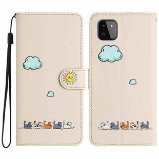 For Samsung Galaxy A22 5G Cartoon Cats Leather Phone Case(Beige White)