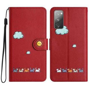 For Samsung Galaxy S20 FE Cartoon Cats Leather Phone Case(Red)