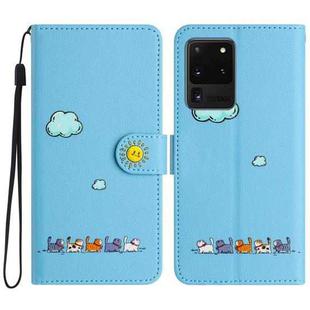 For Samsung Galaxy S20 Ultra Cartoon Cats Leather Phone Case(Blue)