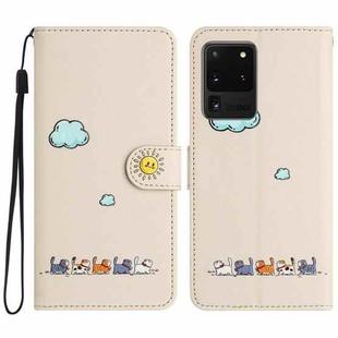 For Samsung Galaxy S20 Ultra Cartoon Cats Leather Phone Case(Beige White)