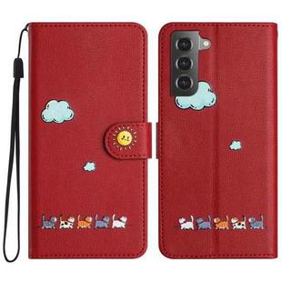 For Samsung Galaxy S21 5G Cartoon Cats Leather Phone Case(Red)