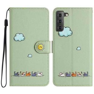 For Samsung Galaxy S21 FE 5G Cartoon Cats Leather Phone Case(Green)