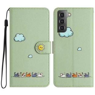 For Samsung Galaxy S21+ 5G Cartoon Cats Leather Phone Case(Green)