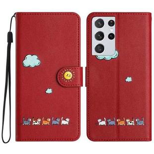 For Samsung Galaxy S21 Ultra 5G Cartoon Cats Leather Phone Case(Red)