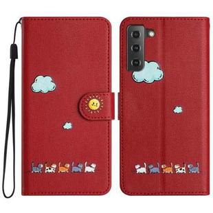 For Samsung Galaxy S22 5G Cartoon Cats Leather Phone Case(Red)