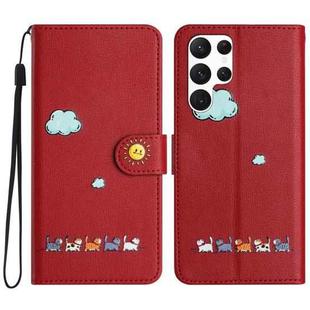 For Samsung Galaxy S22 Ultra 5G Cartoon Cats Leather Phone Case(Red)