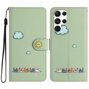 For Samsung Galaxy S22 Ultra 5G Cartoon Cats Leather Phone Case(Green)