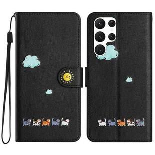 For Samsung Galaxy S22 Ultra 5G Cartoon Cats Leather Phone Case(Black)