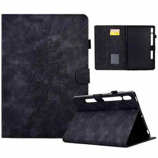 For Samsung Galaxy Tab S10 FE+ Peony Butterfly Embossed Leather Smart Tablet Case(Black)